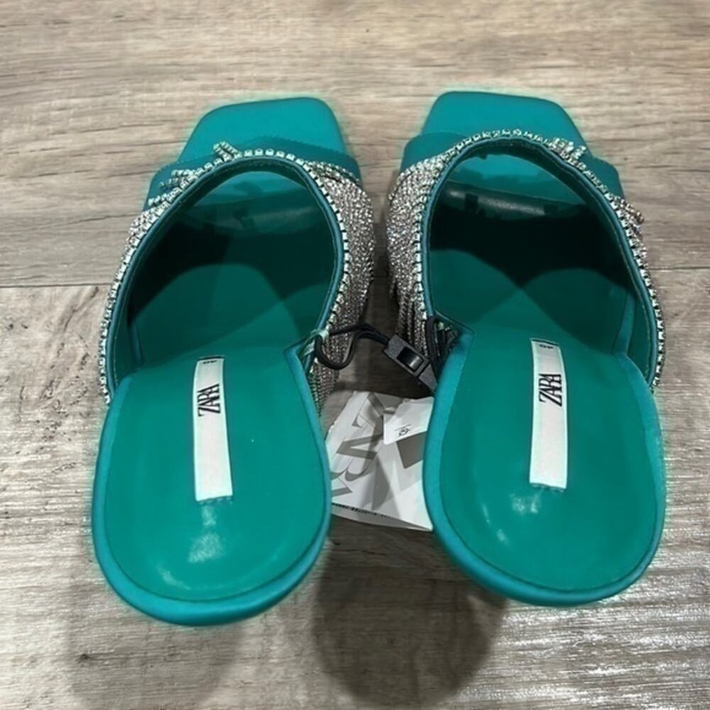 Zara Rhinestone Fringe Mule Heels Green Statement Sandals NWT - Picture 12 of 16